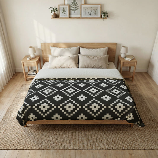 Black White Geometric Diamond Pattern duvet cover | Tribal Pixel Motif