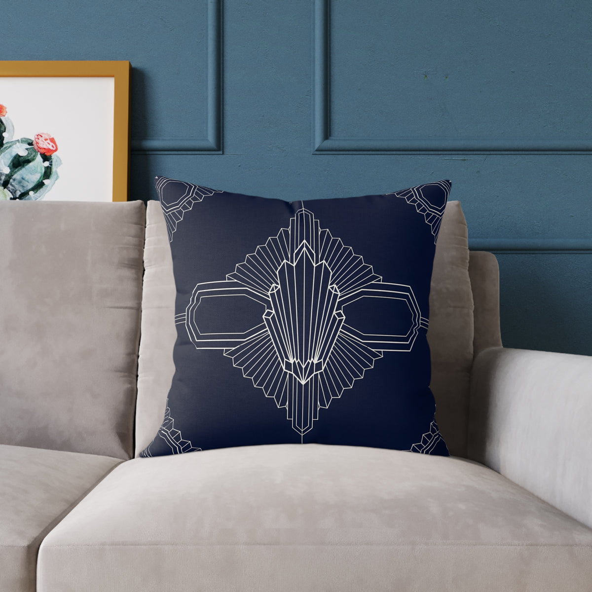 Art Deco Geometric Pattern Square Pillow | Navy White Canvas Throw Pillow