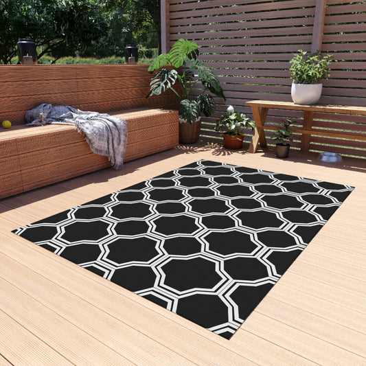 Black Geometric Trellis Outdoor/Indoor Rug | Octagon Pattern Patio Mat