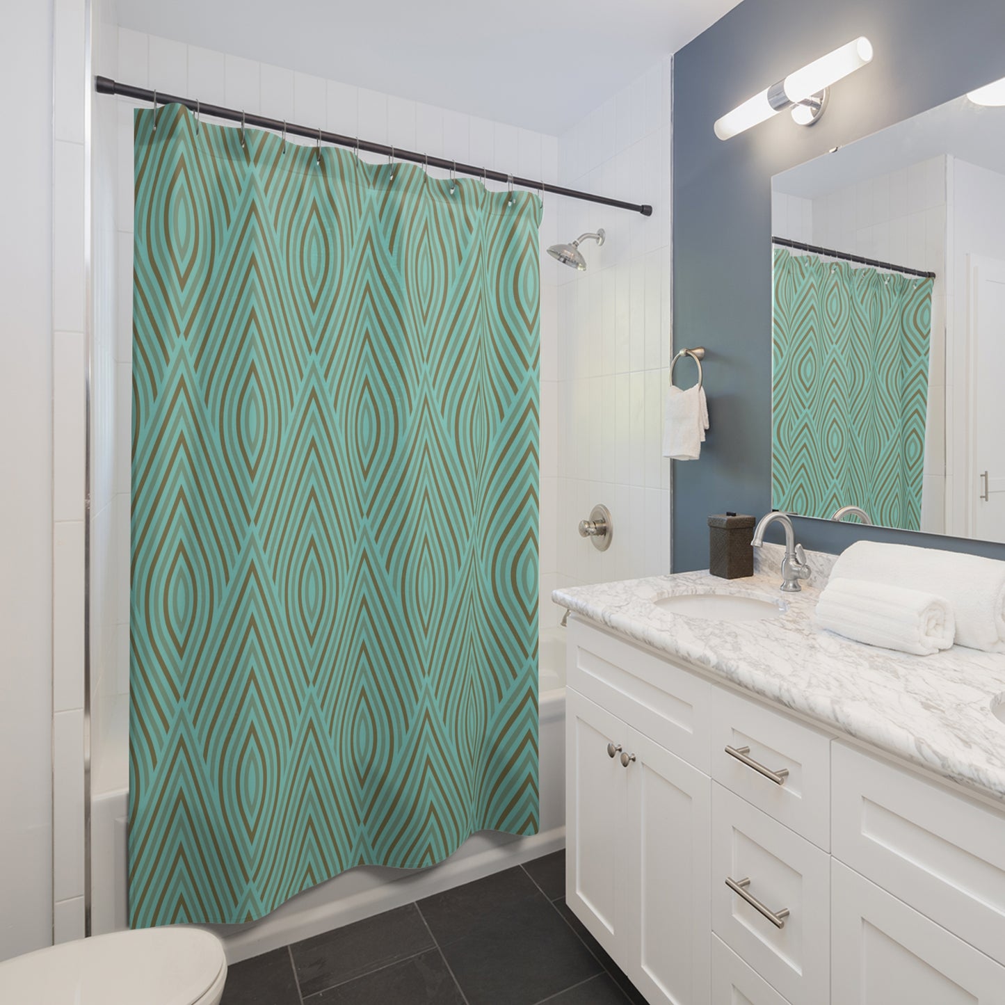 Retro Style Teal Retro Geometric Pattern Shower Curtain | Mid Century Modern, Stylish Home Decor