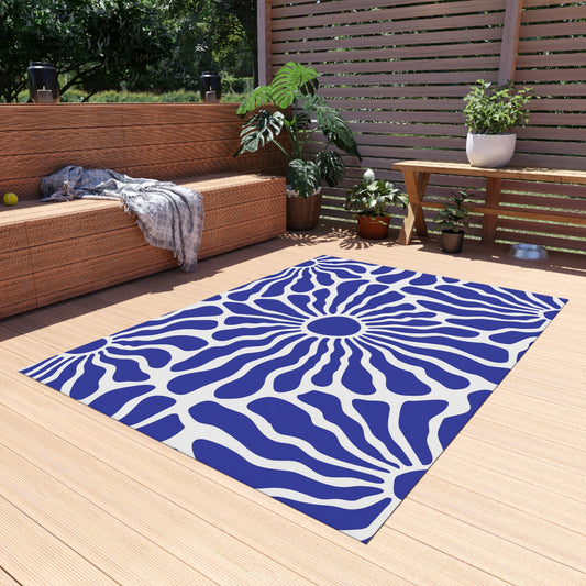 Blue White Radiant Floral Outdoor/Indoor Rug | Patio Mat, Water-Resistant Poolside