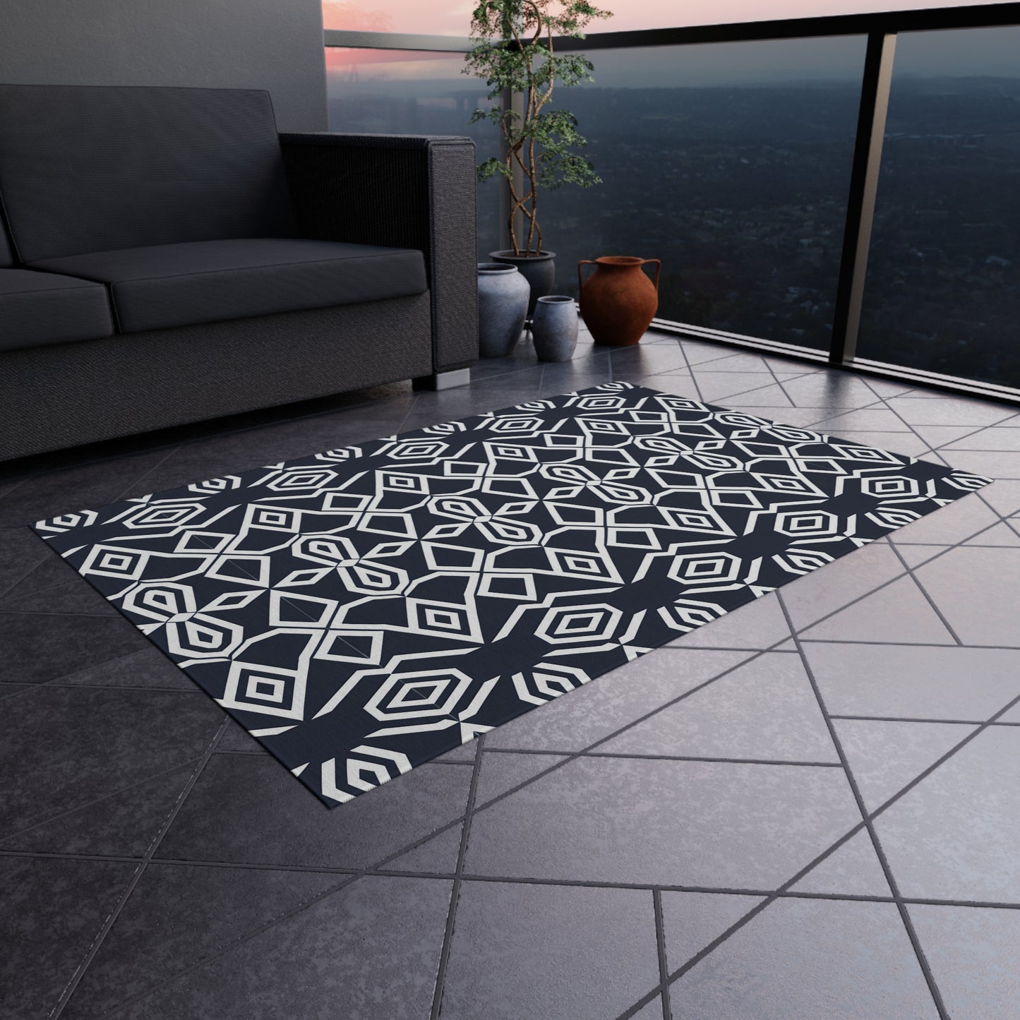 Geometric Diamond Pattern Outdoor/Indoor Rug | Navy White Tribal Design