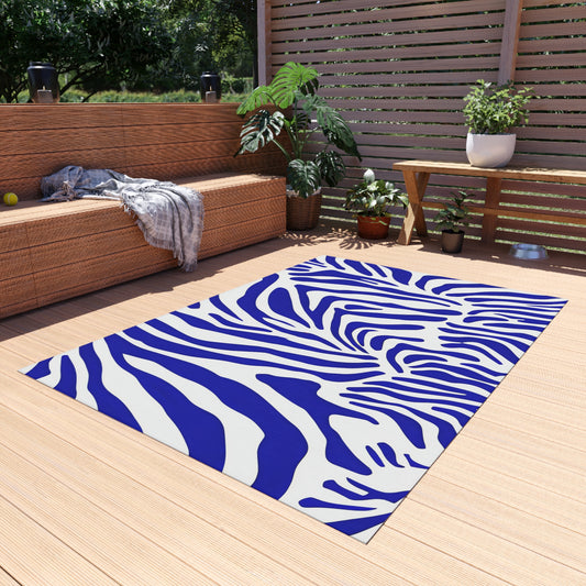 Blue White Zebra Print Outdoor/Indoor Rug | Bold Animal Stripe Patio Mat