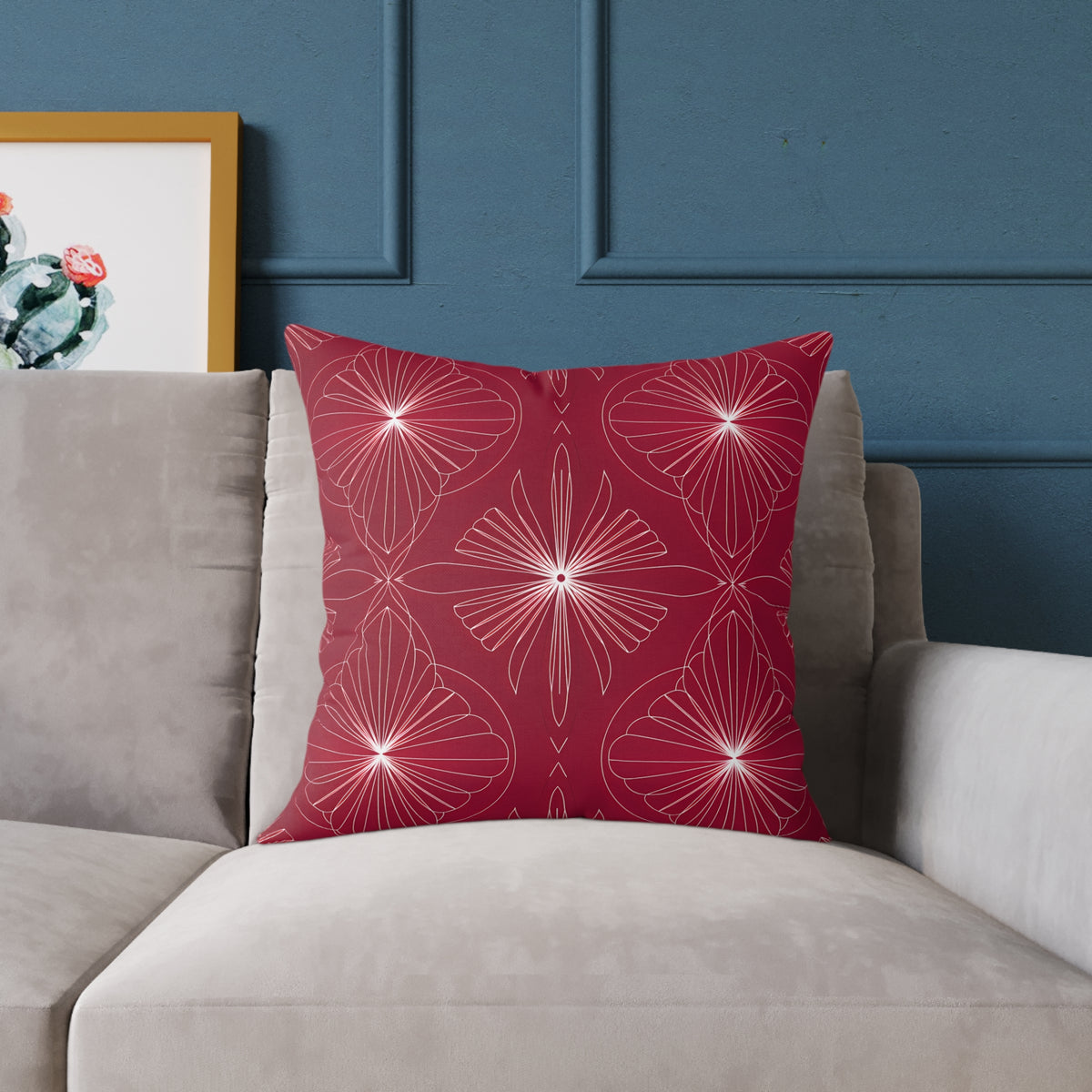 Starburst Floral Pattern Square Pillow | Red Geometric Throw Cushion