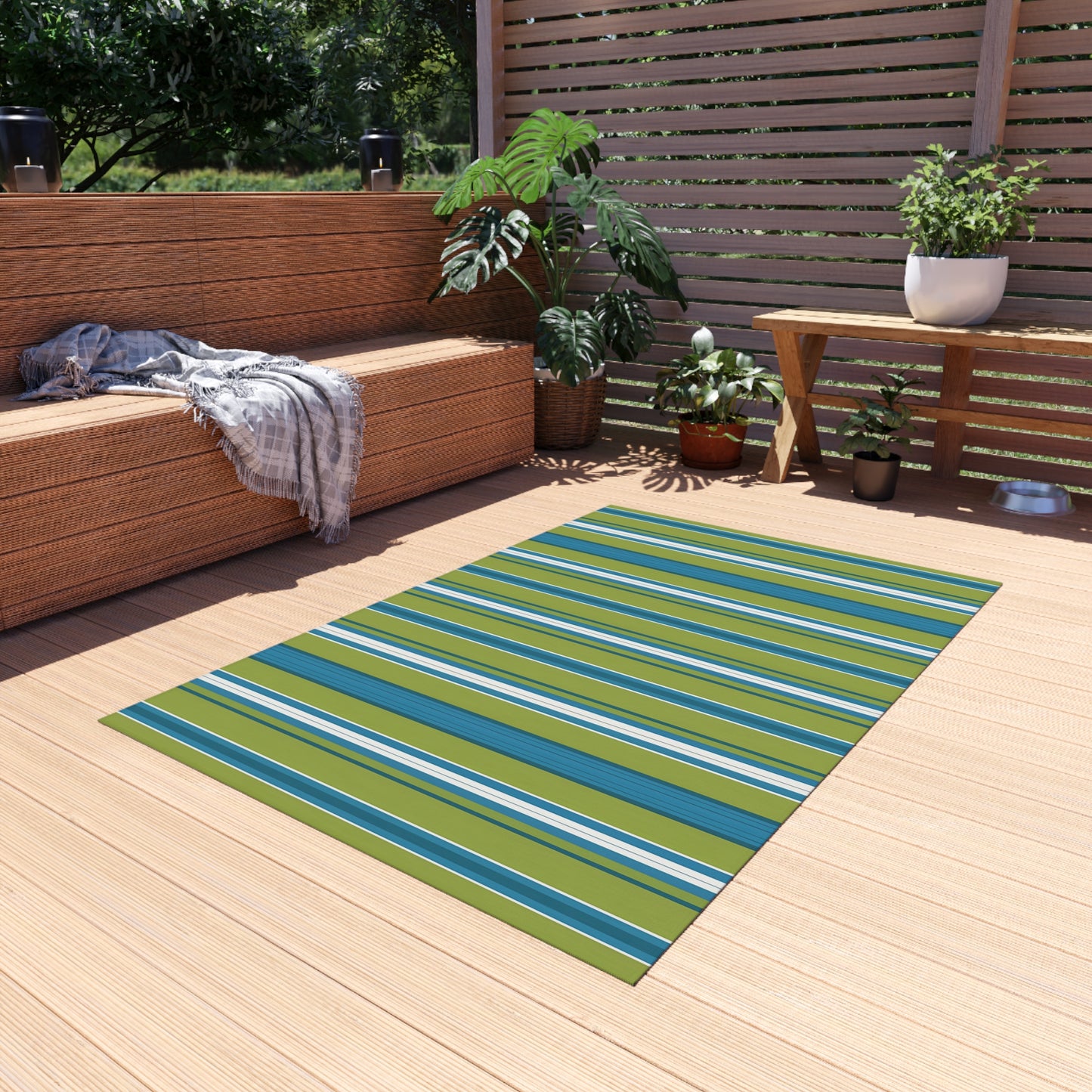 Blue Green White Stripe Outdoor/Indoor Rug | Patio Deck Mat