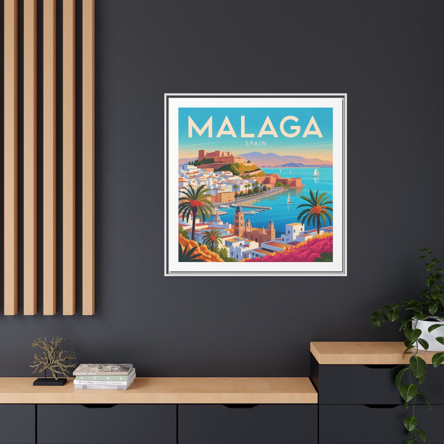 Malaga Spain Coastal  Matte Canvas Framed Wall Art| Vintage Style Travel Art