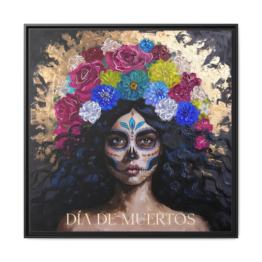 Día de Muertos Sugar Skull Woman Matte Canvas Framed | Floral Headdress Wall Art