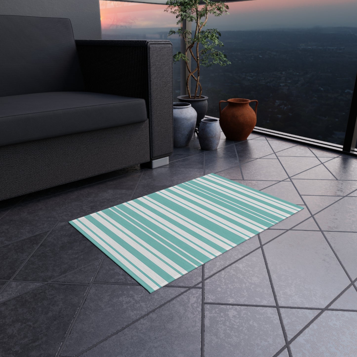 Aqua Stripe Outdoor/Indoor Rug | Teal Blue Striped Patio Mat