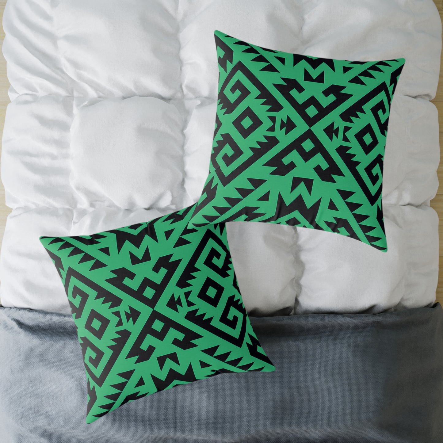 Green Boho Aztec Geometric Pattern Pillow | Square Poly Canvas Pillow