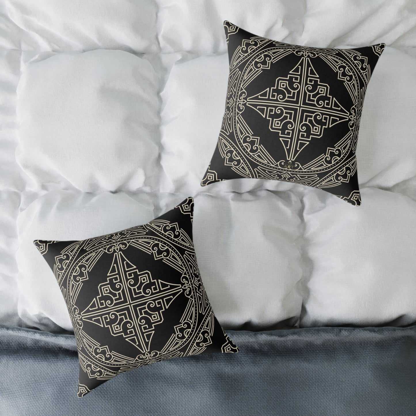 Black and Off-White Geometric Celtic Knot Square Pillow | Poly Canvas Throw Pillow
