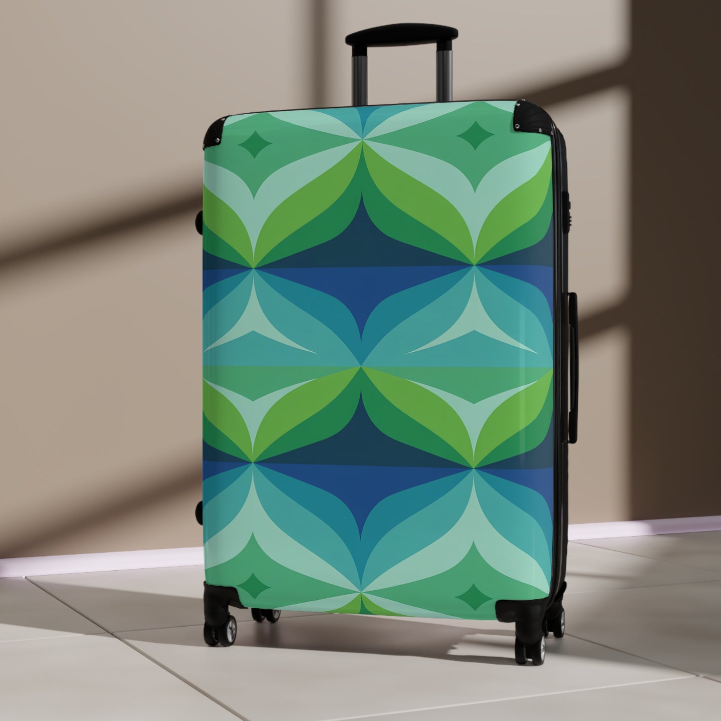 Retro Geometric Mid Century Pattern Suitcase | Green Blue Travel Luggage