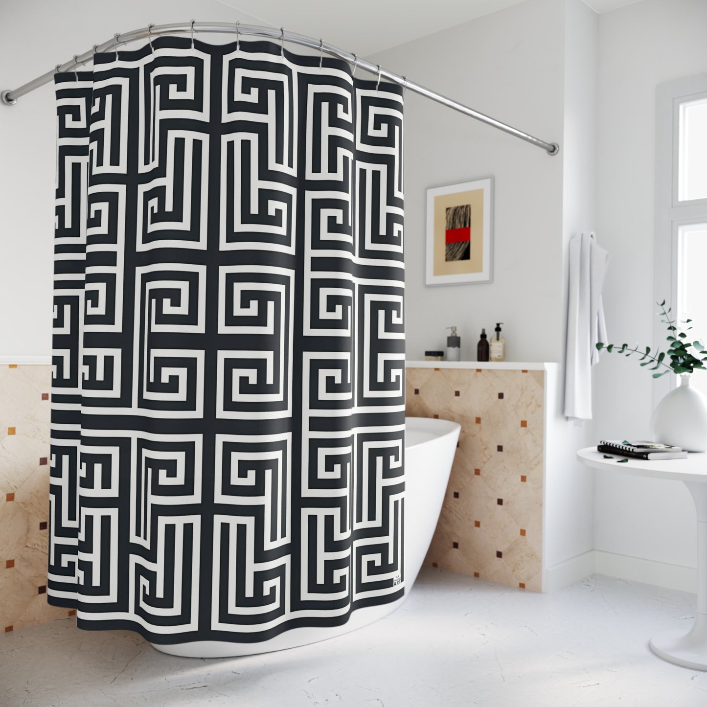 Greek Key Geometric Shower Curtain | Black White Maze Pattern