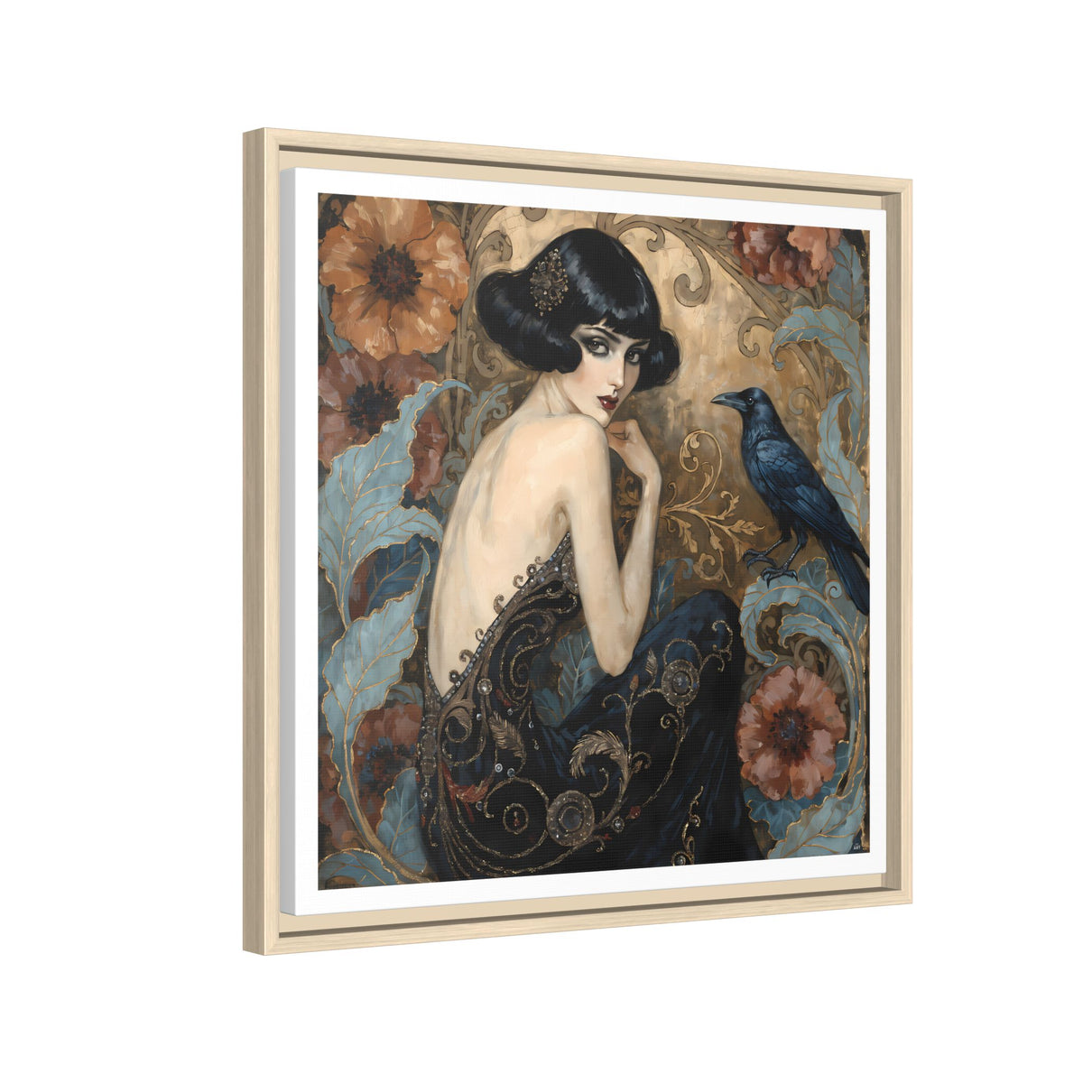 Art Deco Lady with Raven Matte Canvas Framed Wall Art | Vintage Floral Portrait