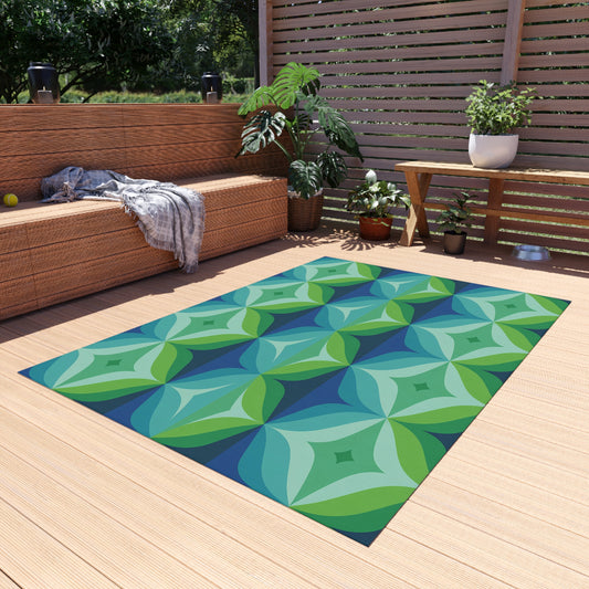 Geometric Leaf Pattern Outdoor/Indoor Rug | Blue Green Patio Mat