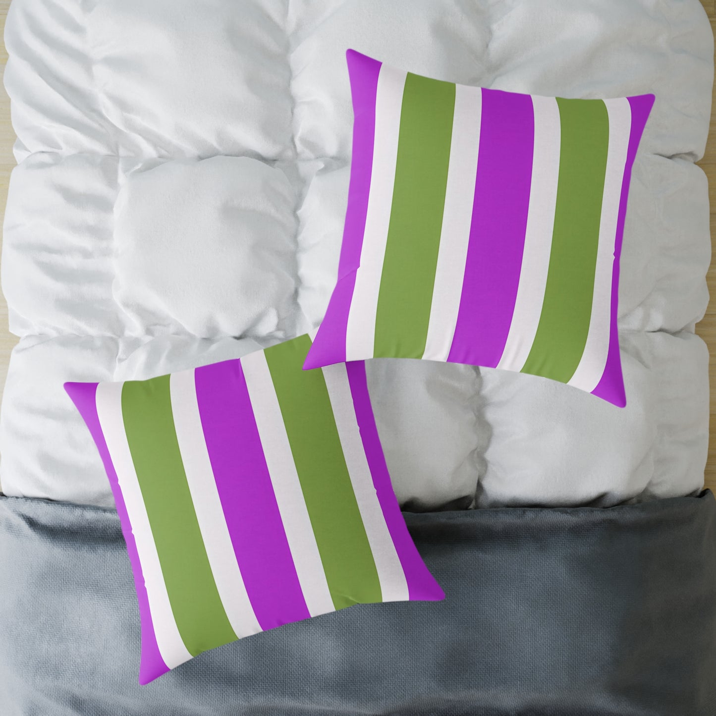 Magenta White and Green Vertical Stripe Pillow | Square Poly Canvas Pillow