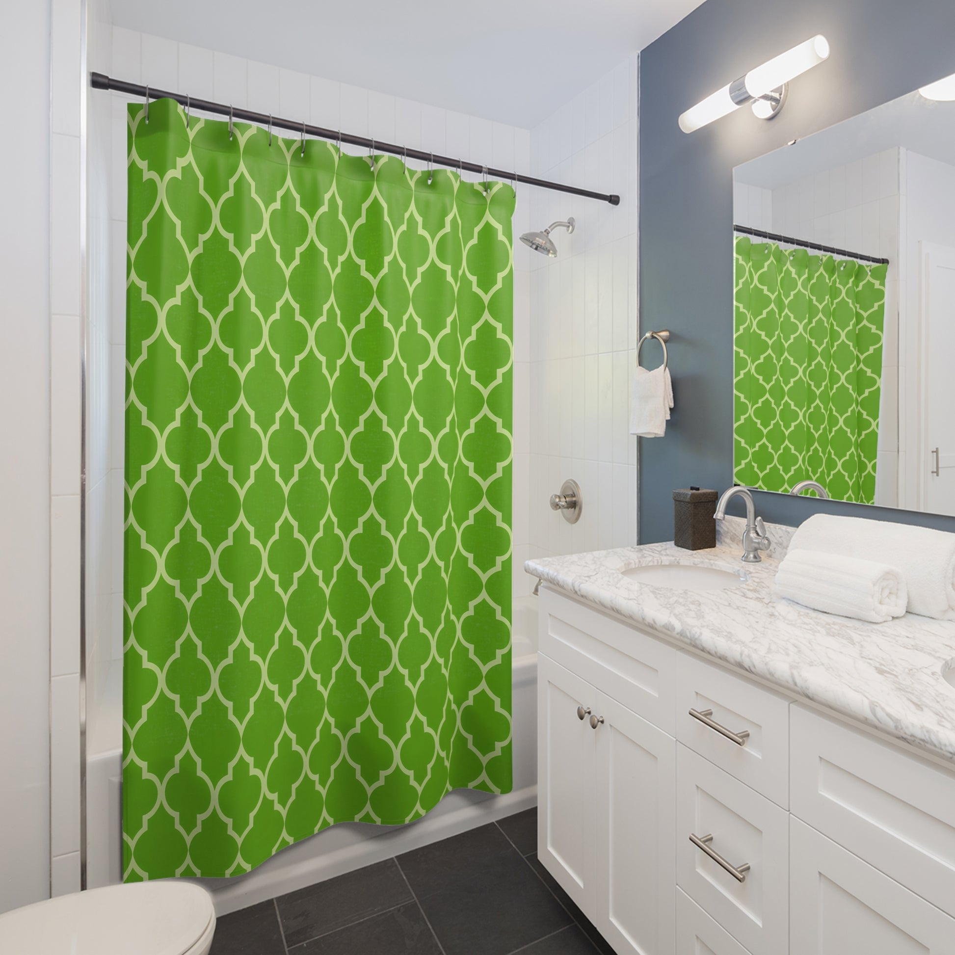 Modern Geometric Shower Curtain - Vibrant Green Home Decor, Bathroom Accent, Gift for Housewarming, Summer Refresh, Moroccan Quatrefoil - LOLA VEGAS ART
