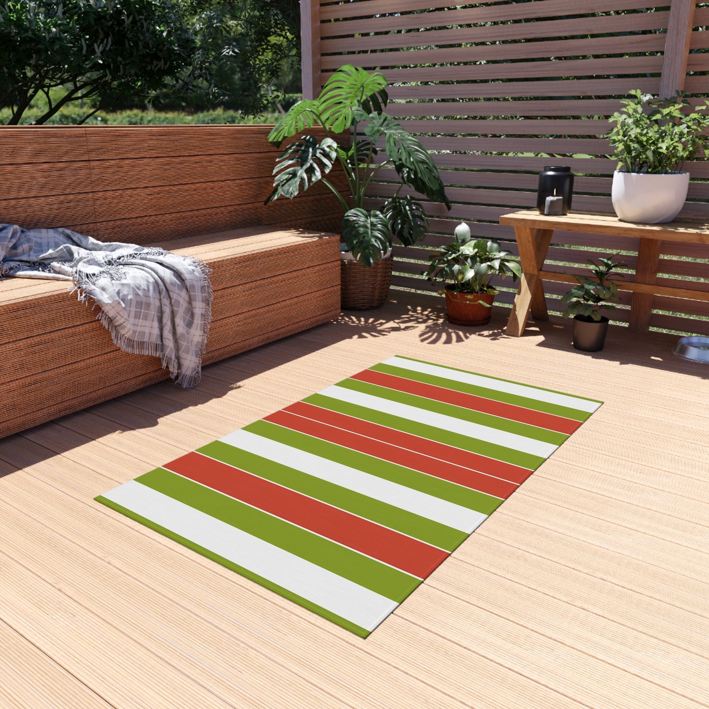 Green Red White Striped Outdoor/Indoor Rug | Patio Door Mat