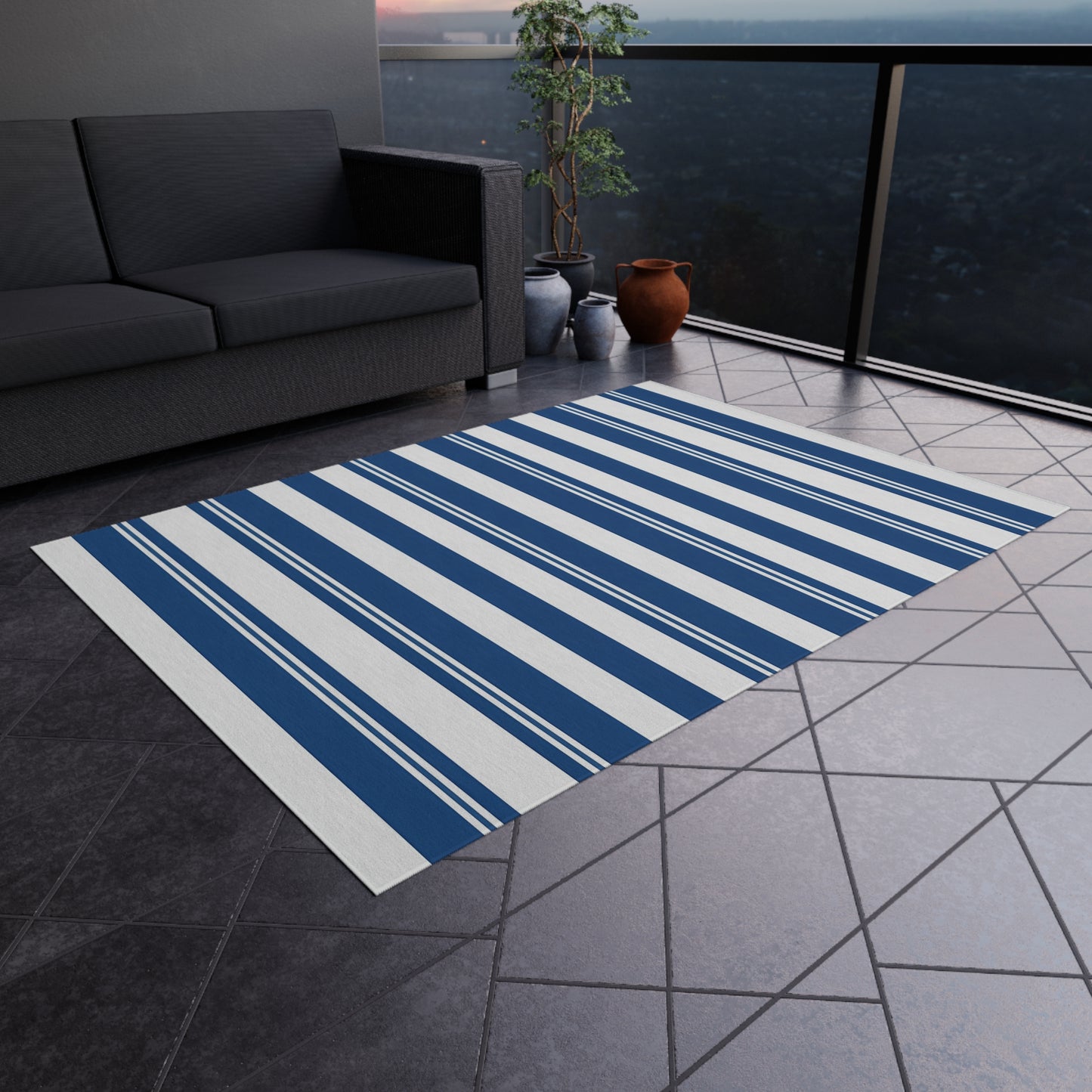 Navy Blue Stripe Outdoor/Indoor Rug | Patio Deck Mat
