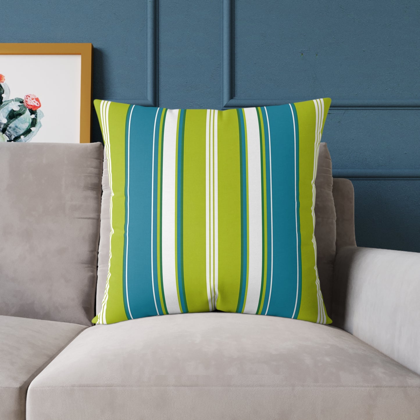Cerulean Blue Lime Green White Stripe Throw Pillow | Square Poly Canvas Coastal