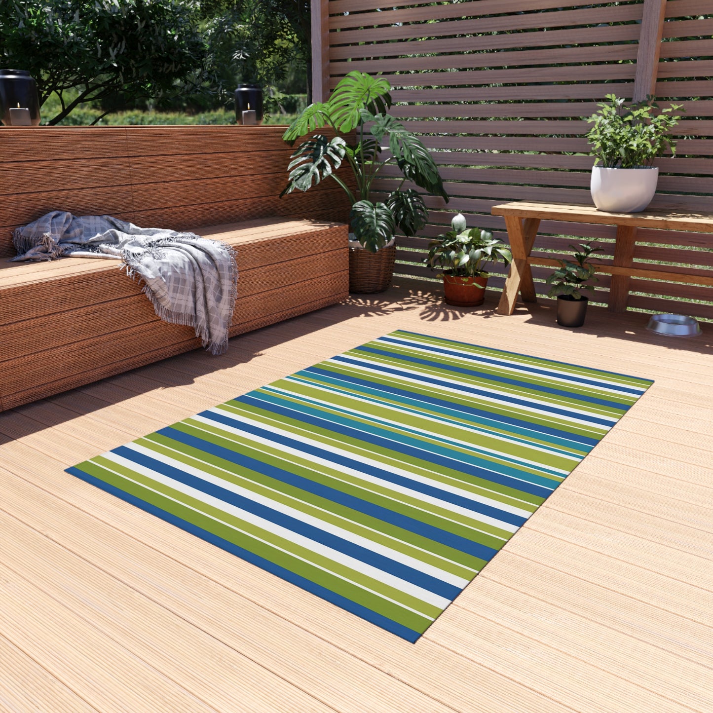 Blue Green White Stripe Outdoor/Indoor Rug | Patio Mat, Weather-Resistant