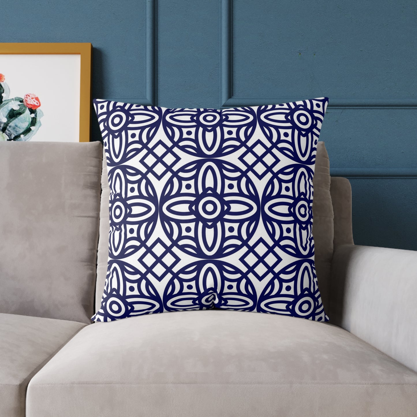 Navy Geometric Pattern Square Pillow | Blue Moroccan Motif, Boho Accent Cushion, Home Decor, Gift for Housewarming, Modern Interior Style