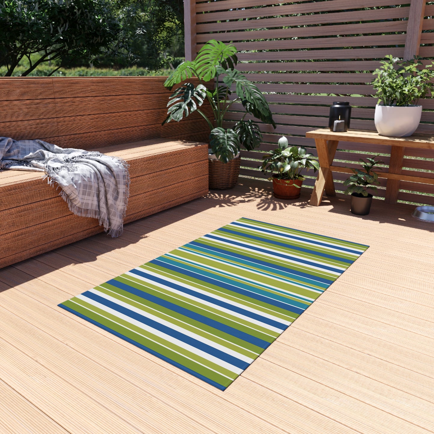 Blue Green White Stripe Outdoor/Indoor Rug | Patio Mat, Weather-Resistant