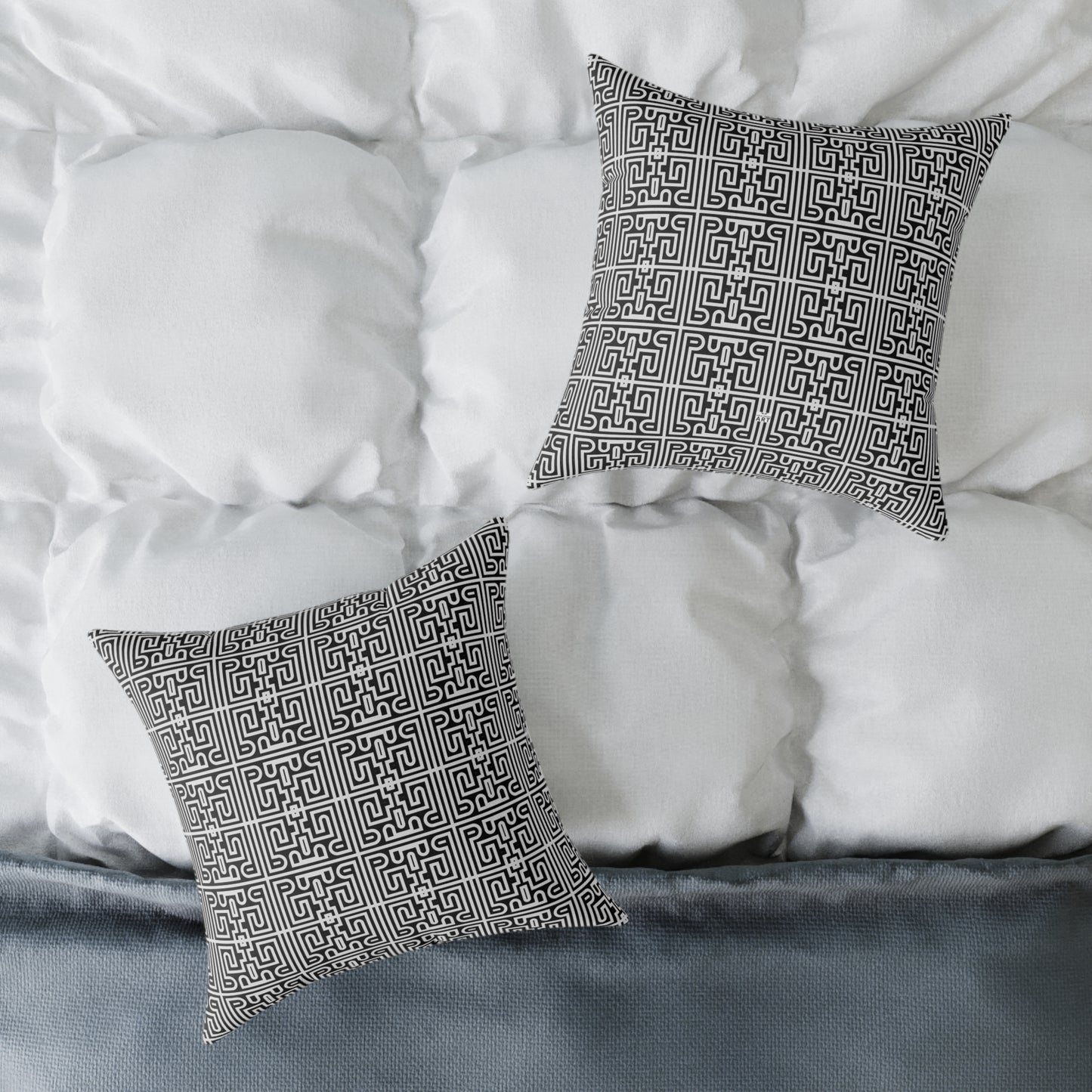 Geometric Black White Greek Key Pattern Square Pillow | Poly Canvas Pillow