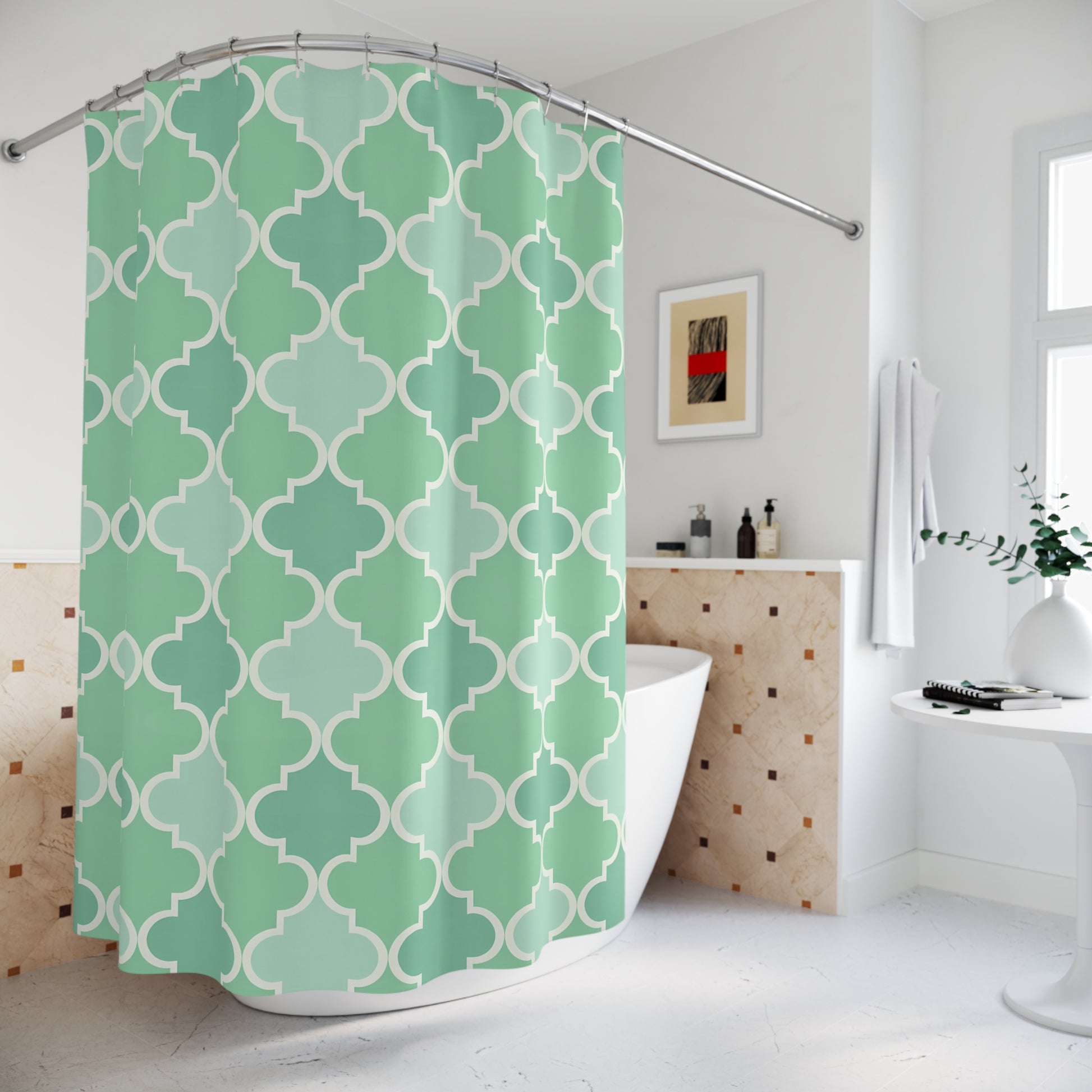 Stylish Geometric Shower Curtain, Modern Bathroom Decor, Mint Green Shower Curtain, Home Essentials, Chic Bathroom, Moroccan Quatrefoil - LOLA VEGAS ART