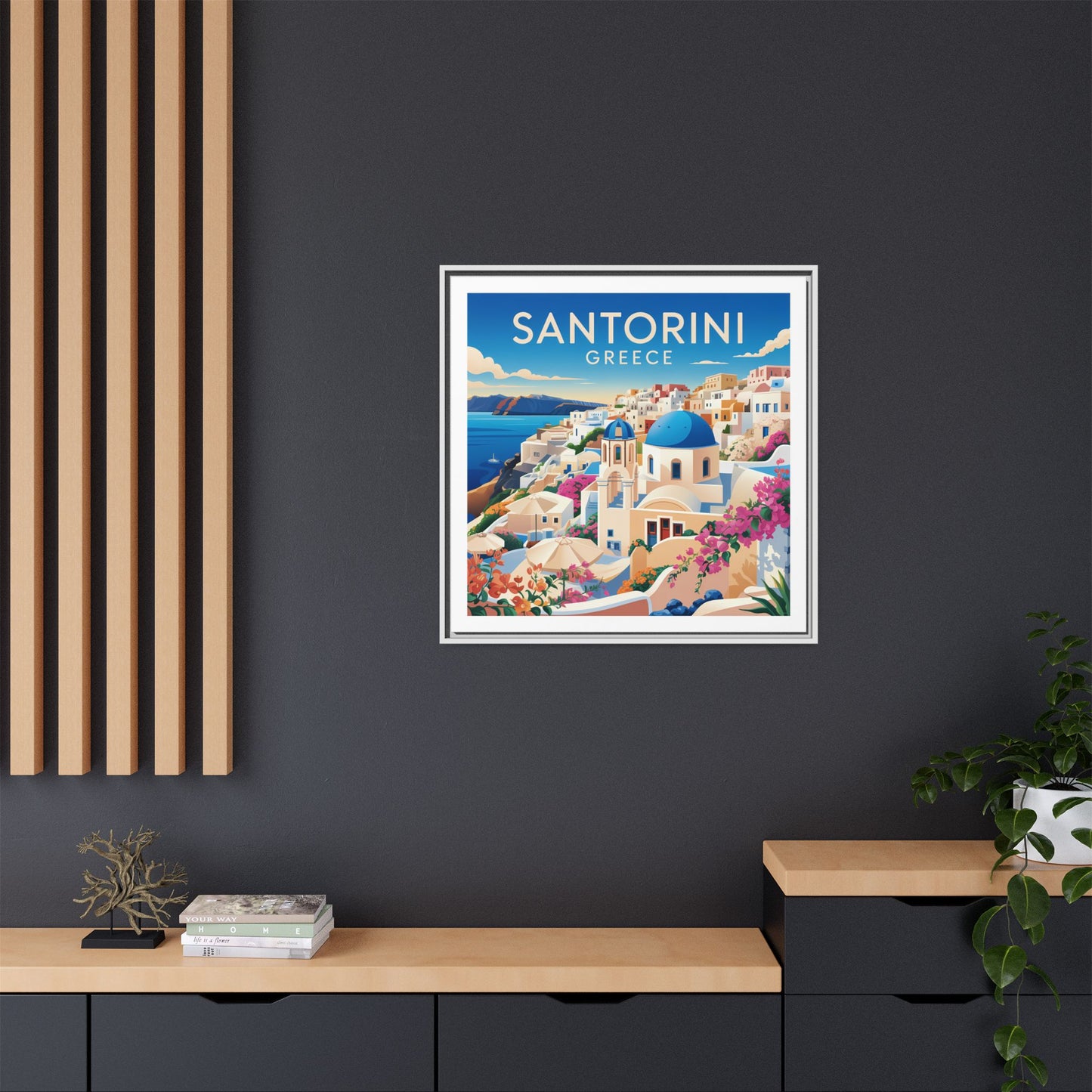 Santorini Greece Travel Art Matte Canvas Framed Wall Art