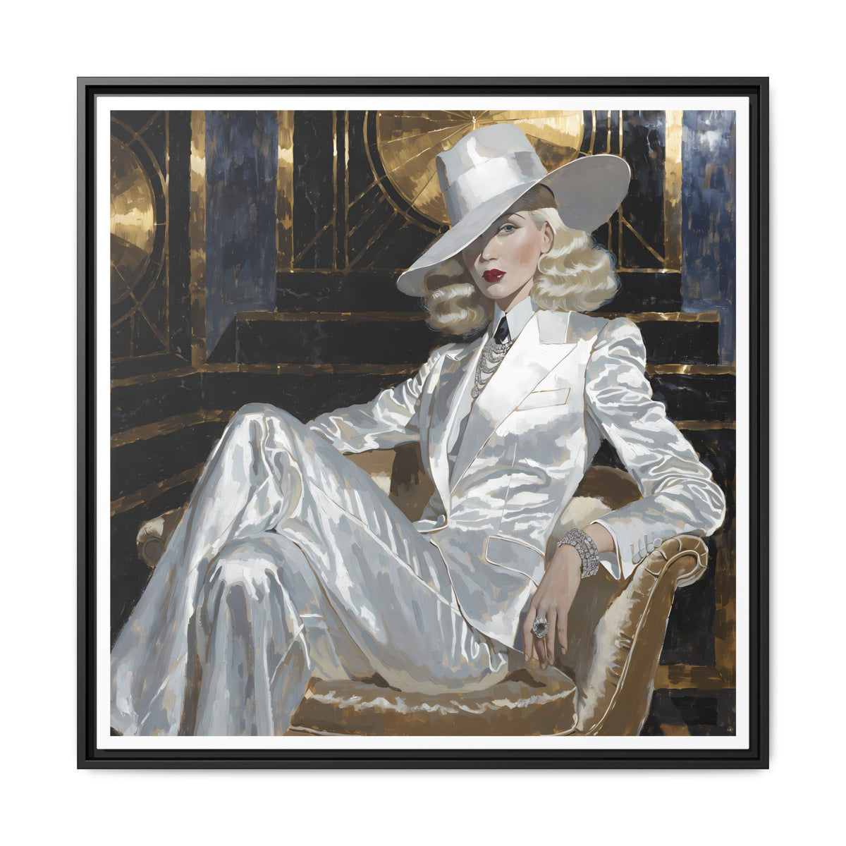 Woman in White Suit Art Print Matte Canvas, Framed | Glamorous Fashion Portrait