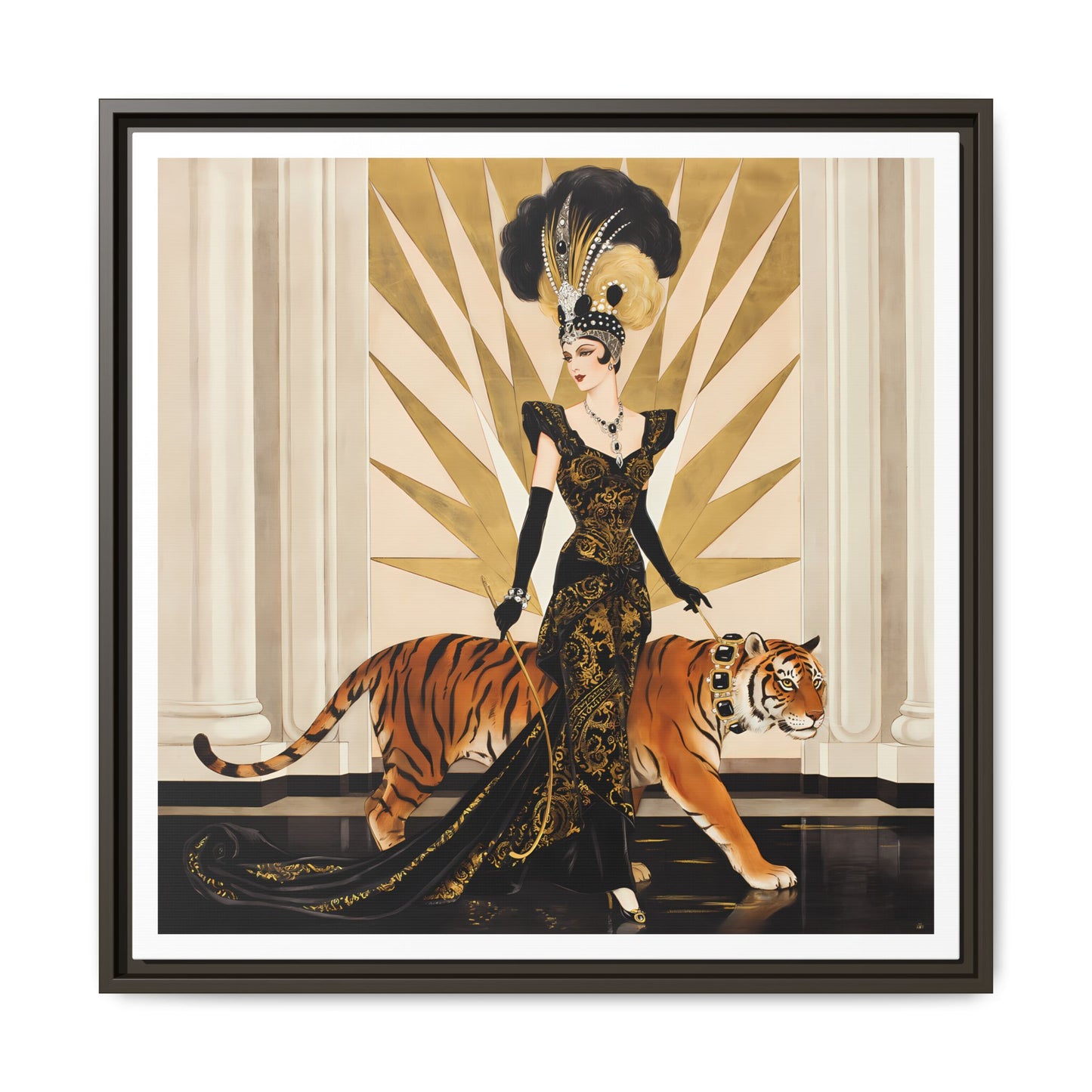 Art Deco Showgirl with Tiger Matte Canvas Framed Print