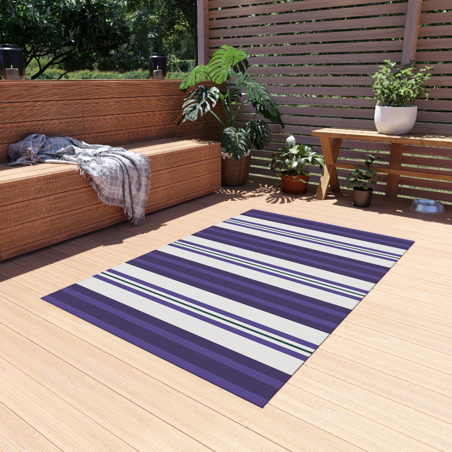 Purple White Stripe Pattern Outdoor/Indoor Rug | Coastal Patio Mat