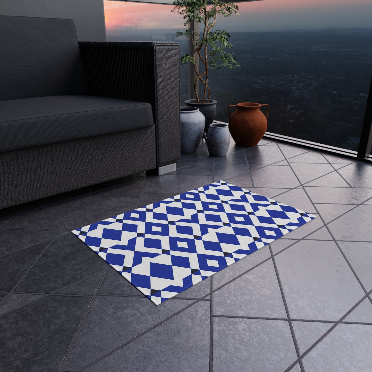Blue Geometric Diamond Pattern Outdoor/Indoor Rug | Patio Mat, Modern Navy Black White Design