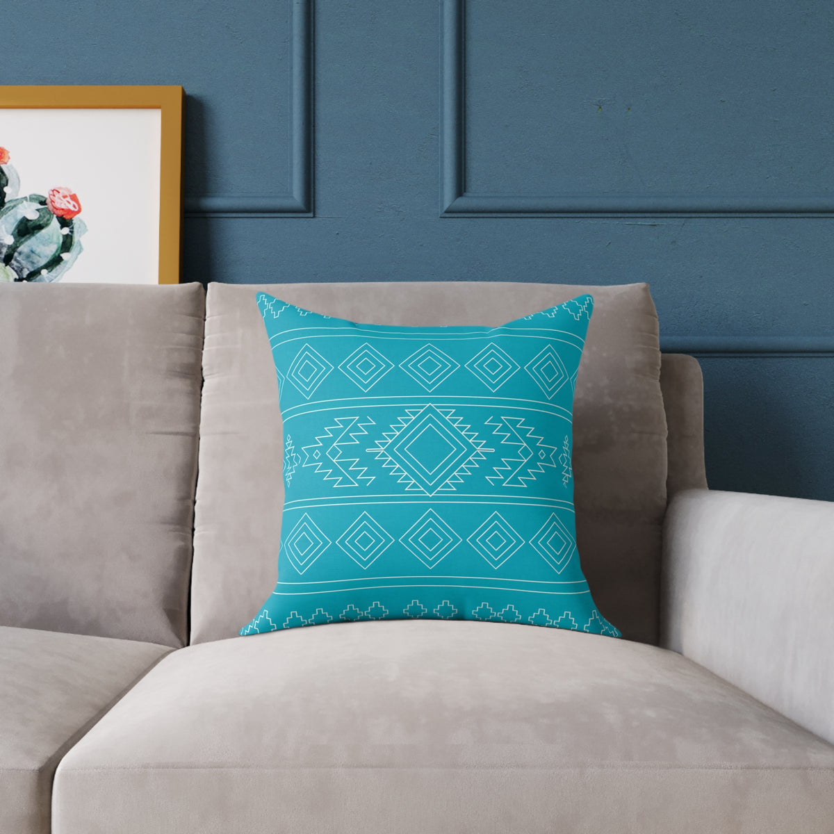 Aztec Diamond Pattern Square Poly Canvas Pillow | Turquoise Geometric Throw Pillow