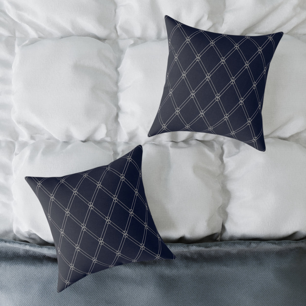 Navy  White Diamond Lattice Pattern Pillow | Square Poly Canvas Pillow