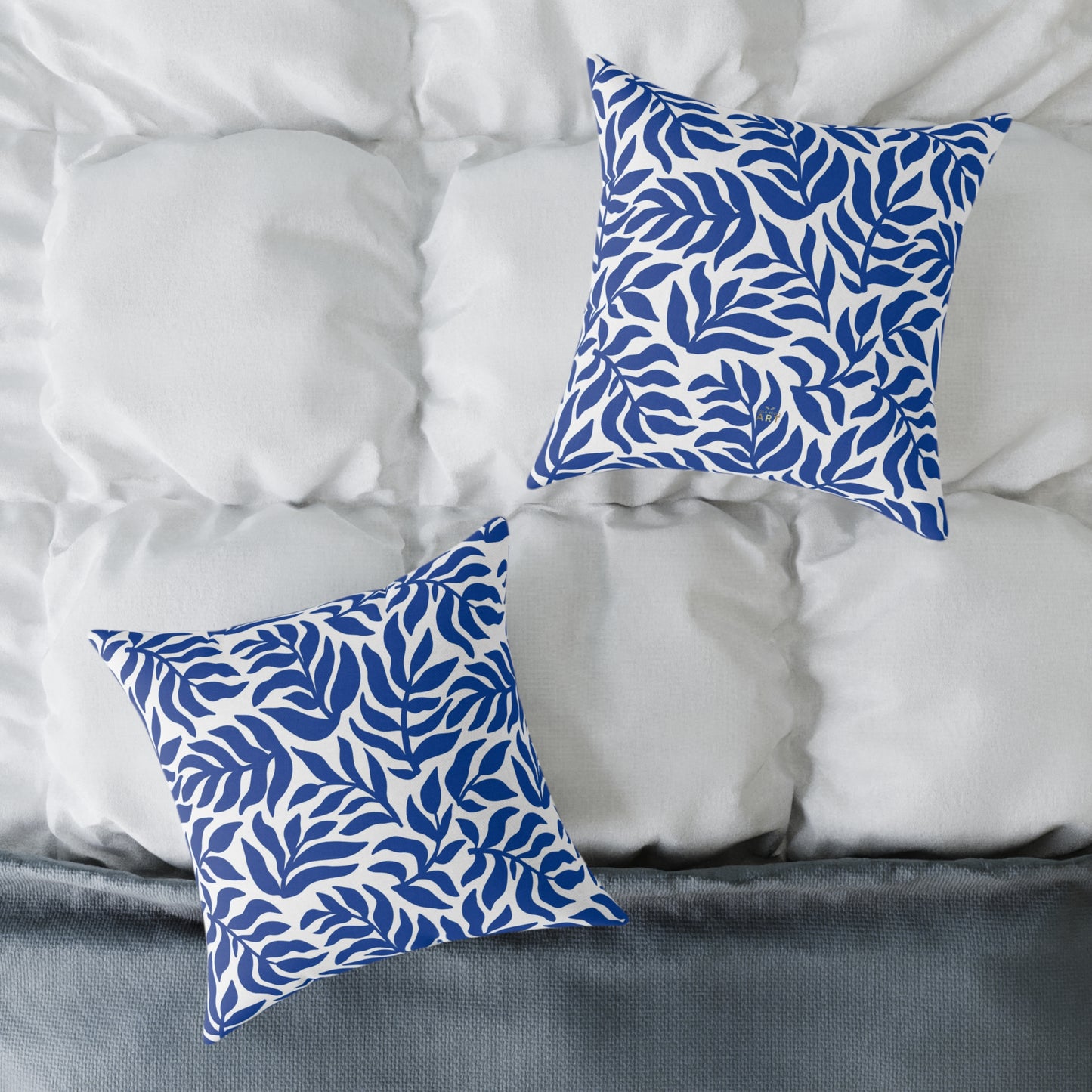 Blue White Leaf Pattern Square Pillow | Botanical Throw Pillow