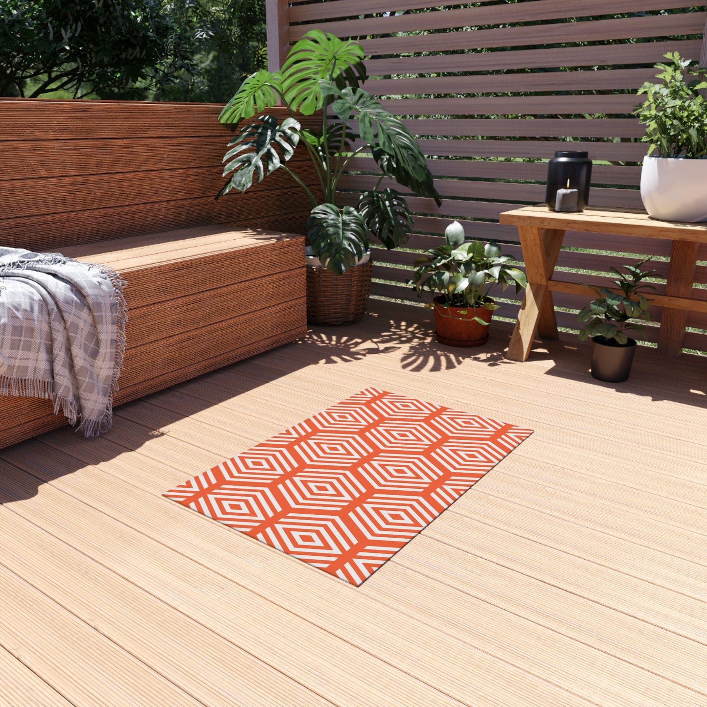 Geometric Hexagon Pattern Outdoor/Indoor Rug | Orange White Diamond Patio Mat