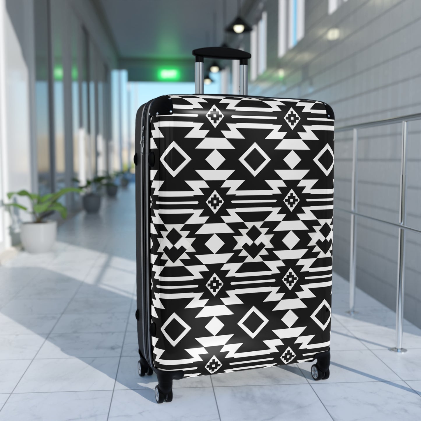 Black White Aztec Geometric Suitcase | Tribal Pattern Luggage