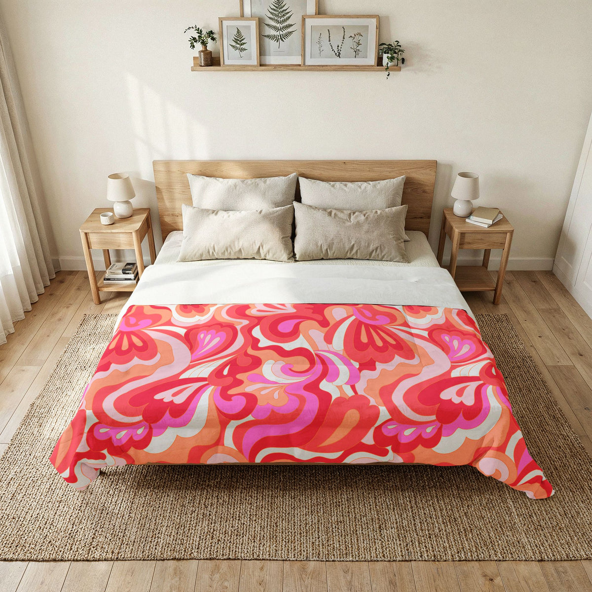 Retro Pink Red Orange Floral Swirl Cotton Comforter | Psychedelic Abstract Pattern