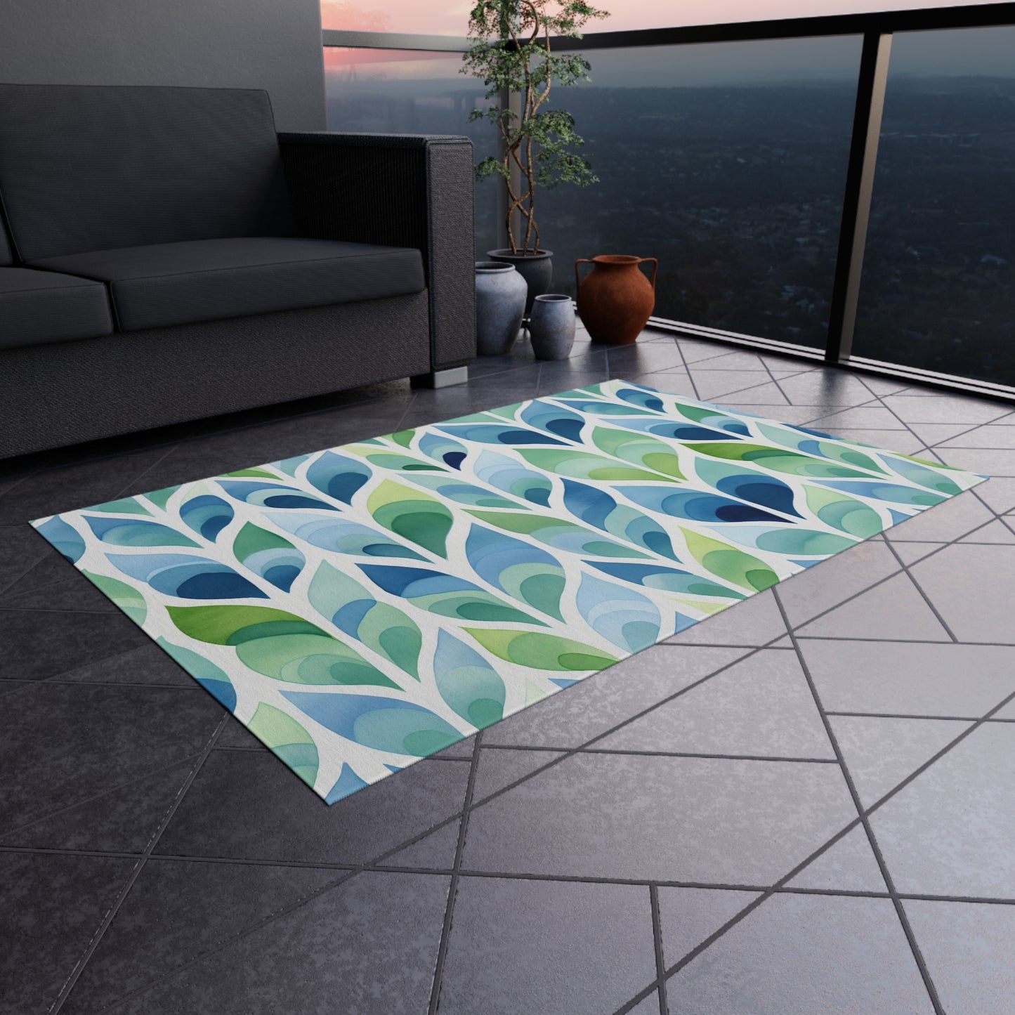Blue Green Leaf Pattern Outdoor/Indoor Rug | Patio Mat