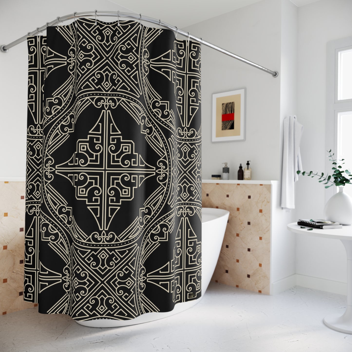 Art Deco Geometric Pattern Shower Curtain | Black White Bathroom Curtain