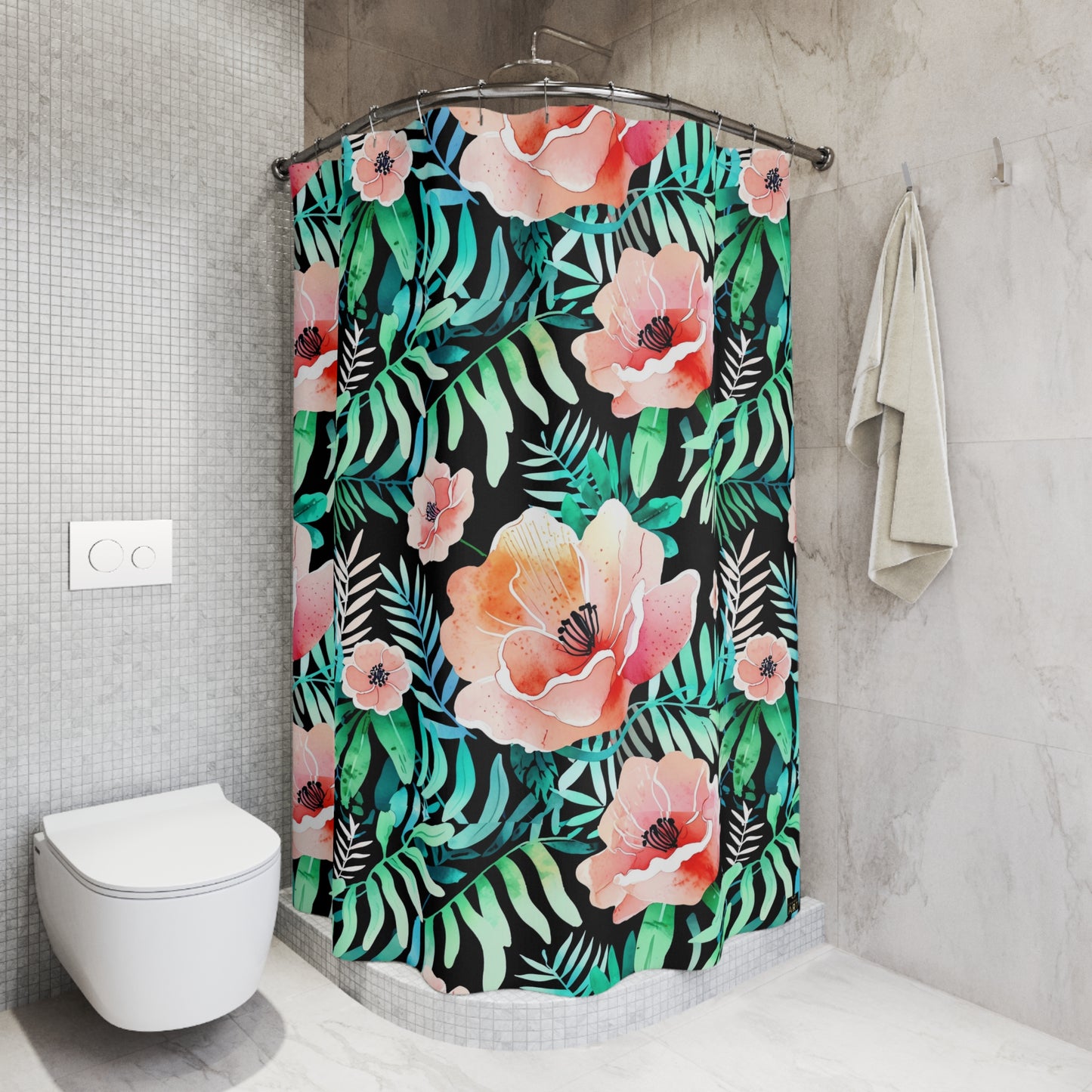 Coral Poppy Floral Tropical Shower Curtain | Green Palm Leaves