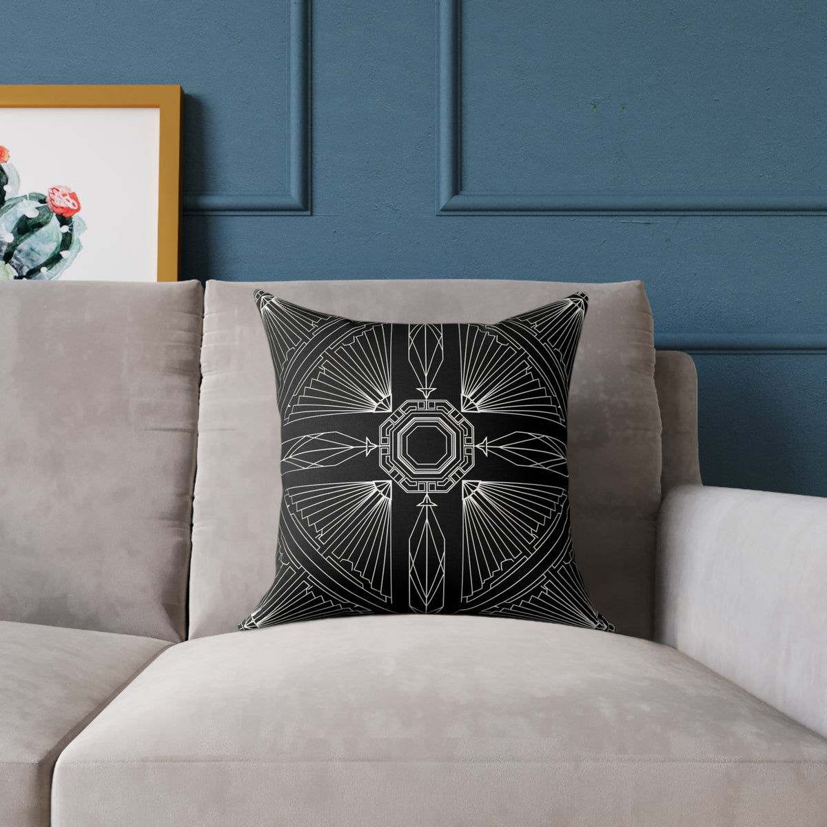 Art Deco Black White Geometric Pattern Pillow | Square Poly Canvas Pillow