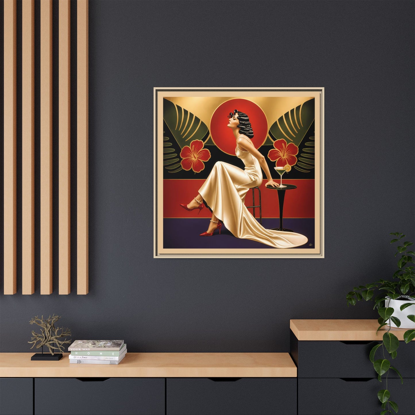 Art Deco Lady Red Green Beige Tropical Canvas Framed Wall Art | Matte Print