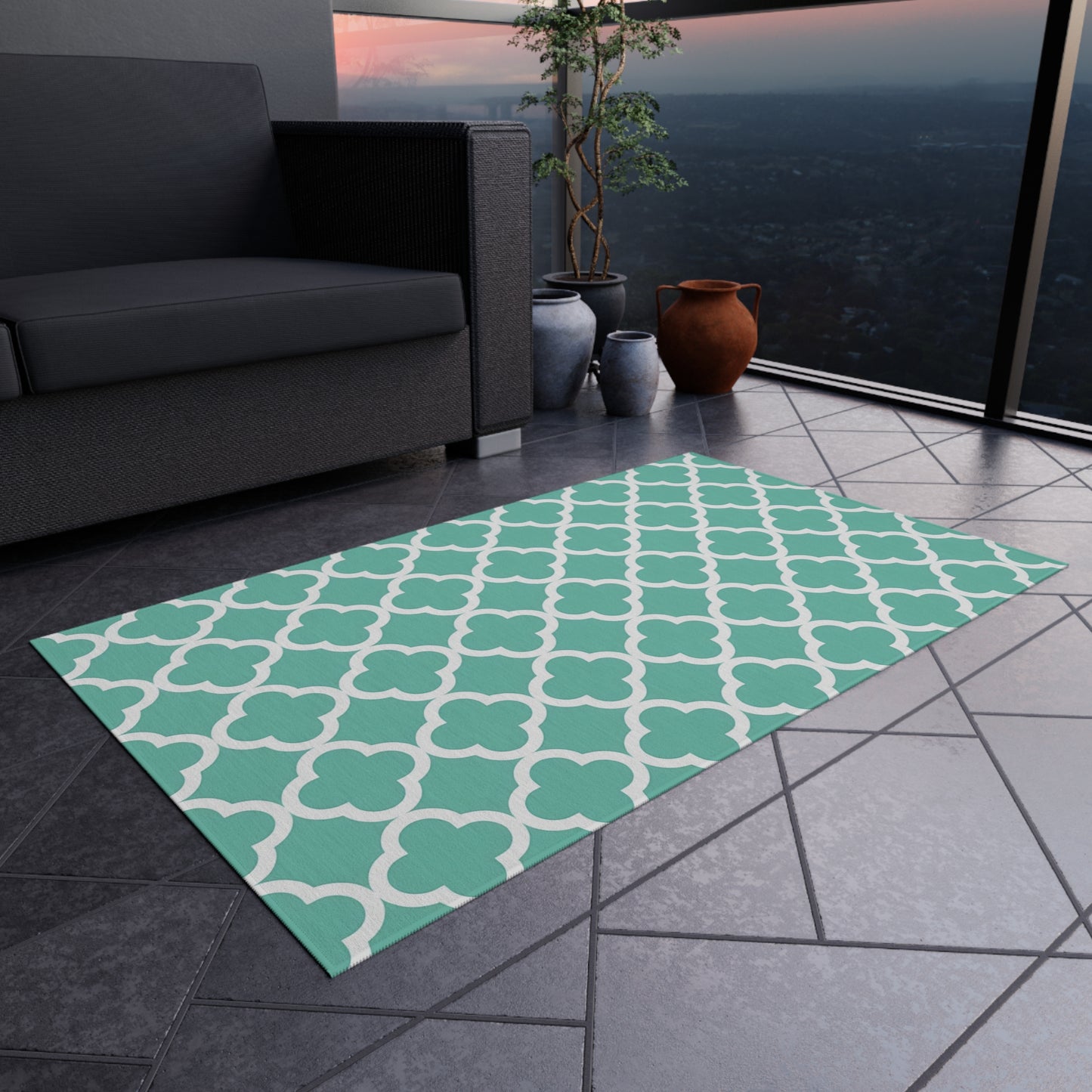 Teal Moroccan Trellis Outdoor/Indoor Rug | Geometric Patio Mat