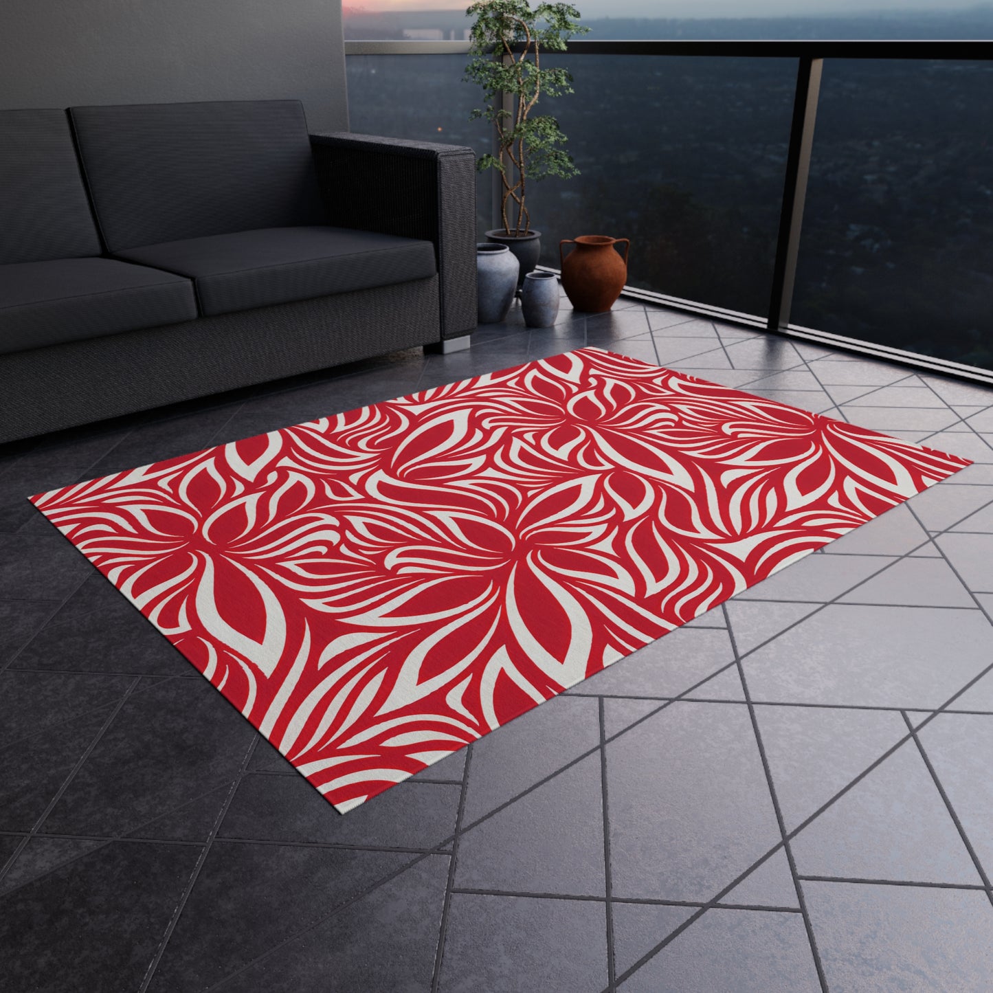 Red White Tropical Leaf Pattern Outdoor/Indoor Rug | Patio Mat