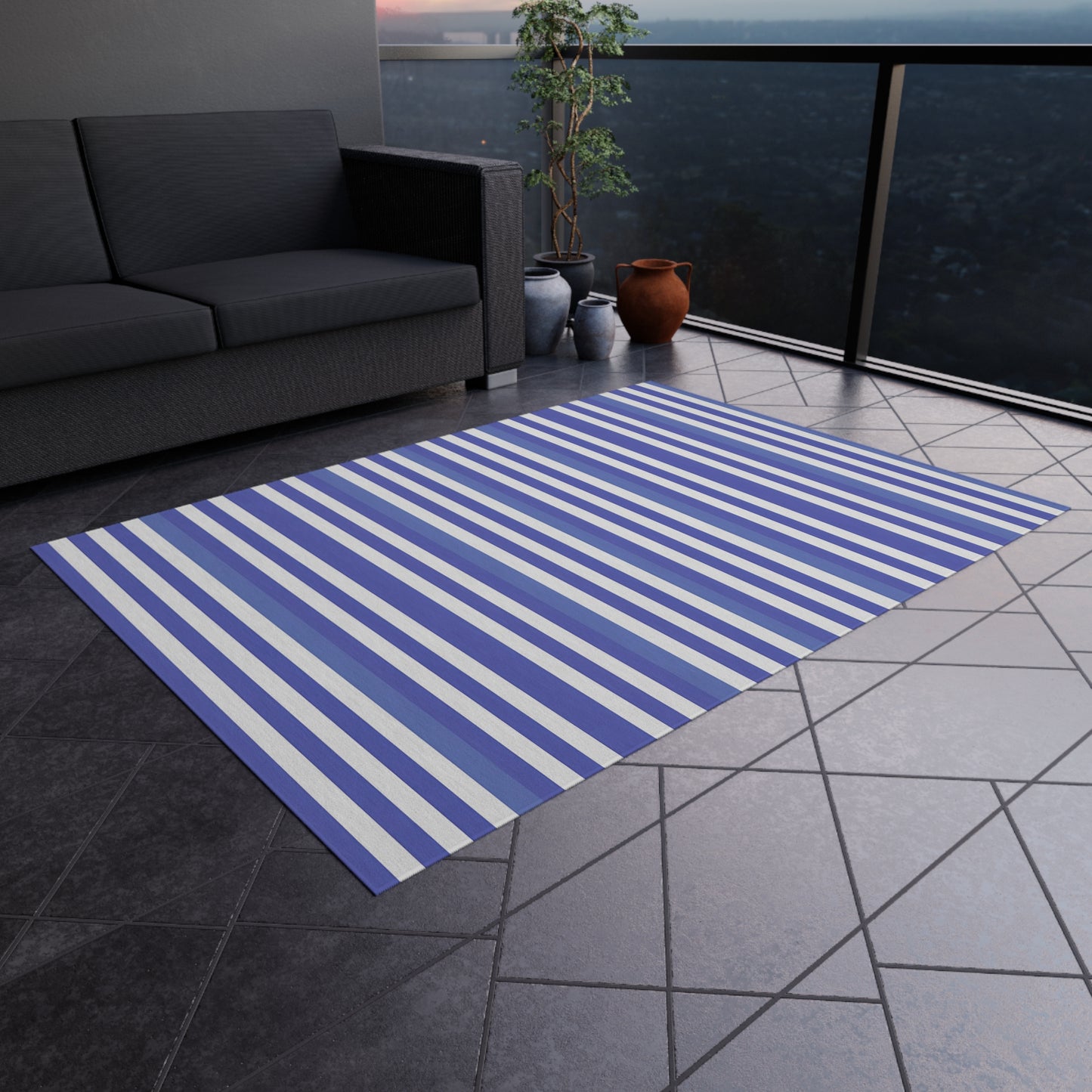 Purple, Periwinkle White Striped Outdoor Rug | Nautical Patio Mat