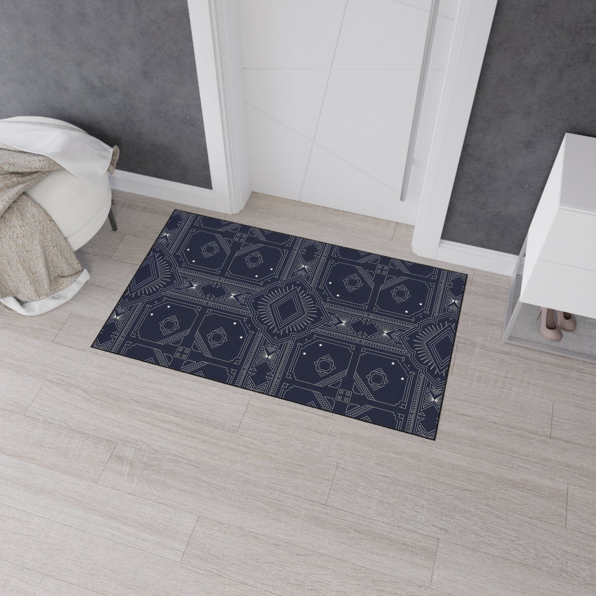 Navy White Geometric Indoor/Outdoor Floor Mat — Durable Non-Slip Rug