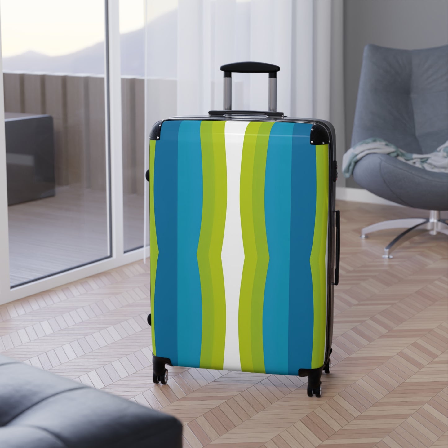 Blue Green Wave Stripe Suitcase | Travel Luggage