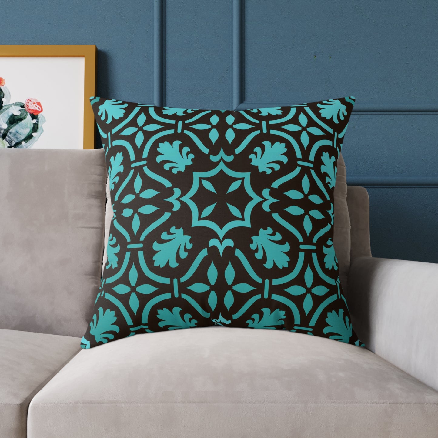 Teal Black Moroccan Tile Square Pillow | Poly Canvas Decorative Pillow